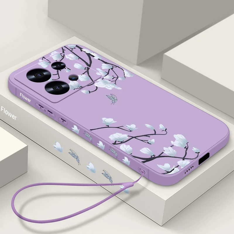 White Flower Lanyard Case For Xiaomi Redmi Note 13 12 14 Pro 5G 4G 11 10 11s Poco F6 X6 X5 Pro Funda Xiaomi 11T 13 Pro