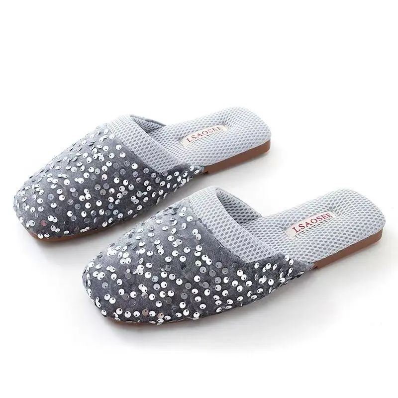 New Women's Four Seasons Baotou Bling Flat Sole Mesh Slippers Rubber Sole Non Slip Anti Odor Sweat-Absorbent Home Slippers