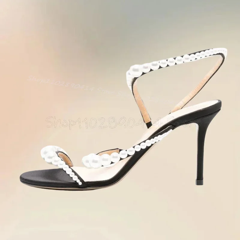 

White Pearl Decor Black Open Toe Sandals Slip On Women Shoes Thin High Heels New Fashion Party Banquet 2025 Zapatos Para Mujere