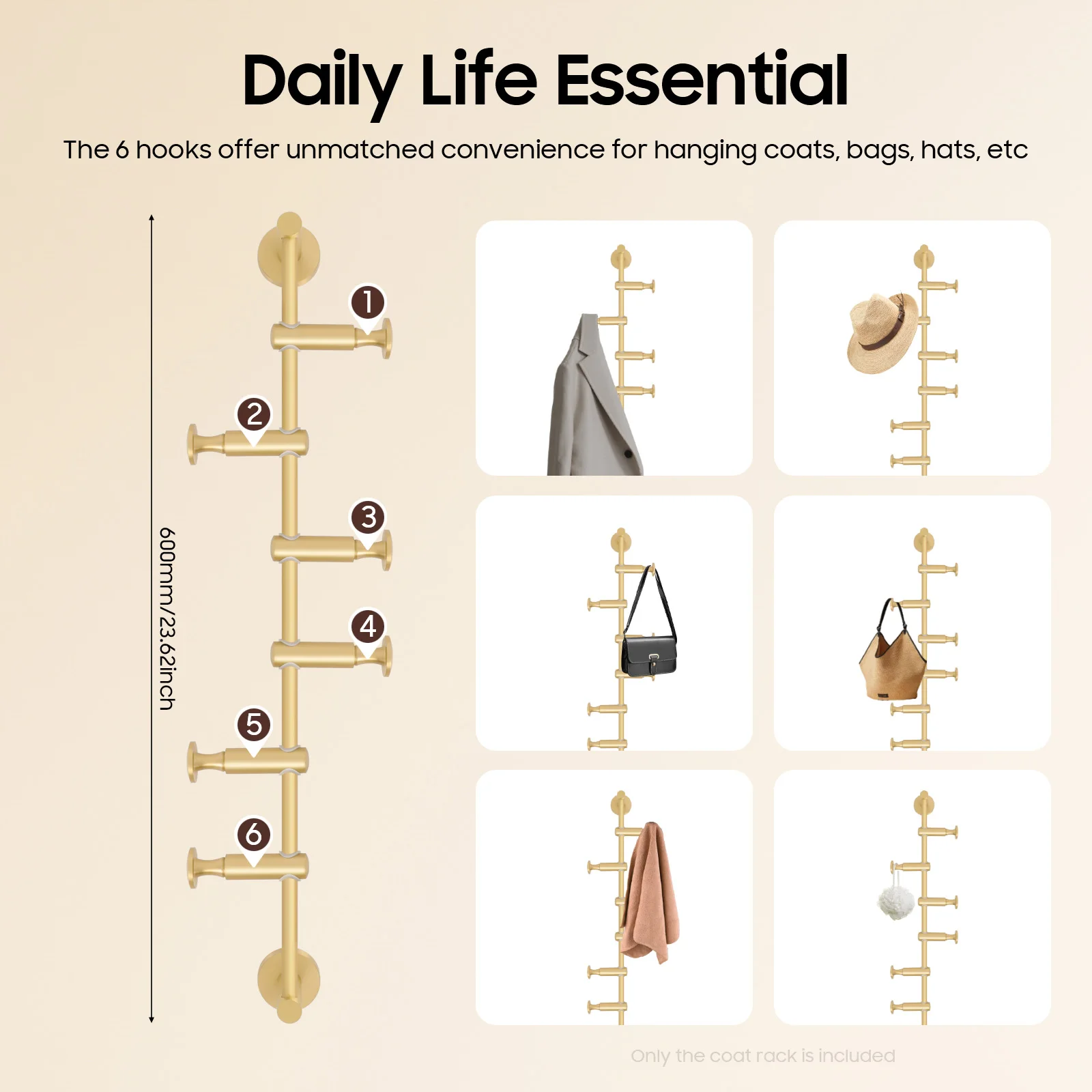 

Retro Coat Rack Brass Brushed Gold Plated 6 Hooks 180° Swivelling 44.1lbs Load Wall-Mounted for Hallways Bedrooms Living Rooms