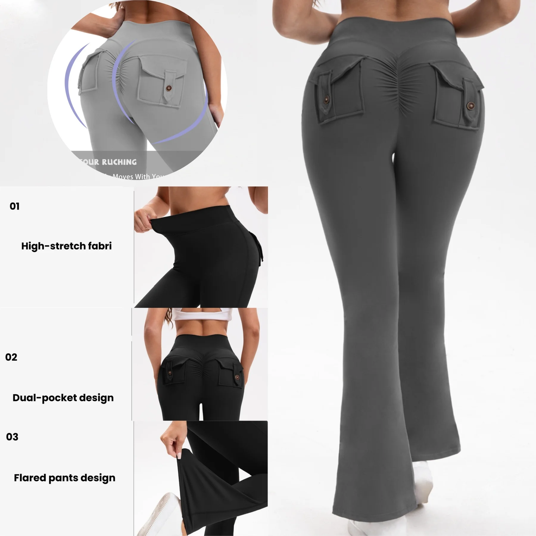 Women High Waist Ruched Butt Lift Flare Yoga Pants, Button Back Cargo Pocket Bootcut Leggings, Stretch Workout Casual Bell Botto