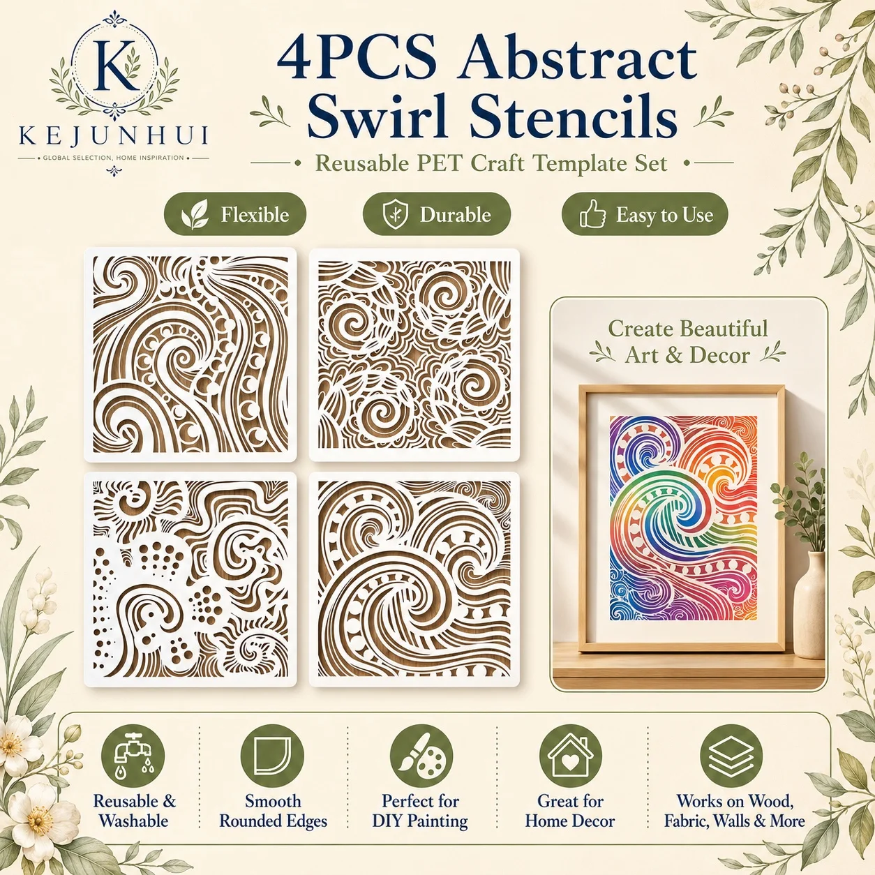 4PCS Abstract Texture Painting Templates Stencils Reusable PET Templates for Painting on Wood Wall Furniture DIY Home Decoration