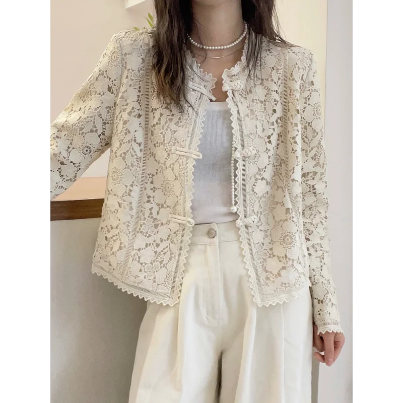 Women New Chinese Style Frog Button Hollow Lace Short Jacket Long Sleeve Outerwear