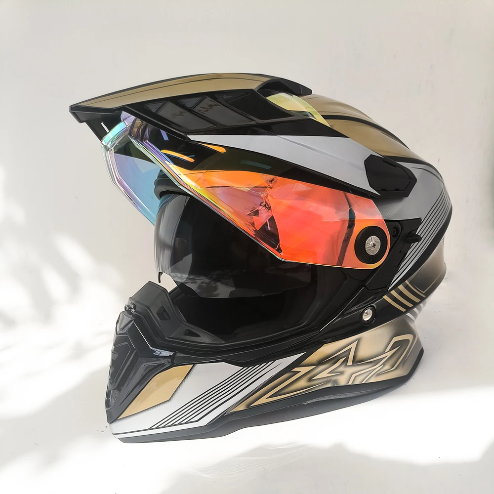 

off-road motorcycle helmet man Glossy gold striped geometric print modular detachable comes double-layer visor Colourful lenses