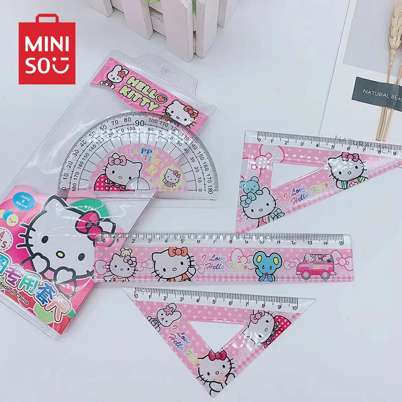 

4pcs/set Sanrio Plastics Ruler Miniso Hello Kitty Cute Cartoon Anime Figure Stationery School Office Triangular Protractor Gifts