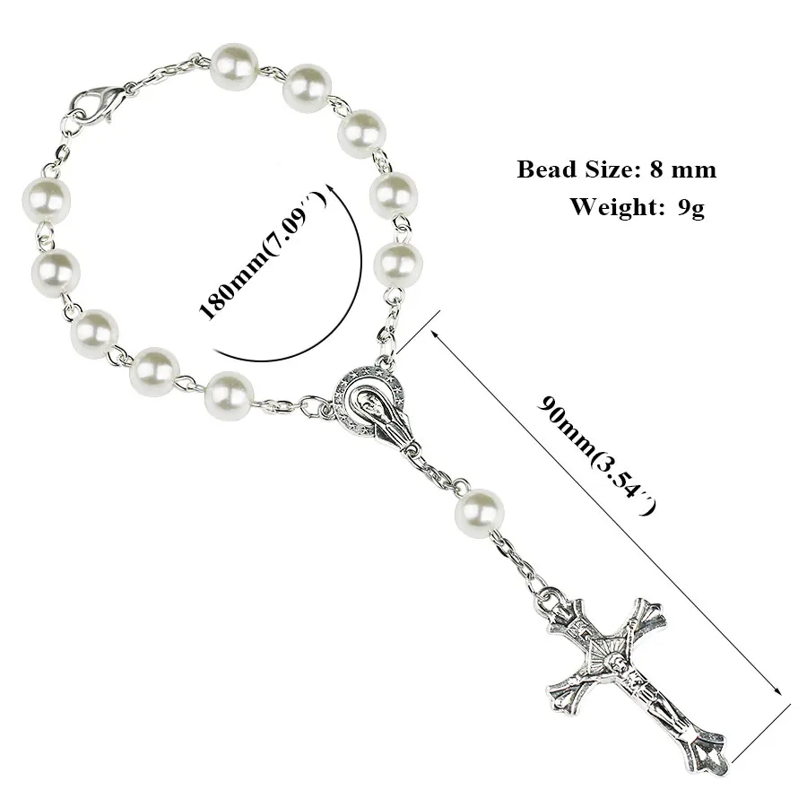 Religious Rosary Bracelet For Women Vintage Cross Charm Prayer 8MM Imitation Pearls Beads Bangle Men Christening Party Jewelry