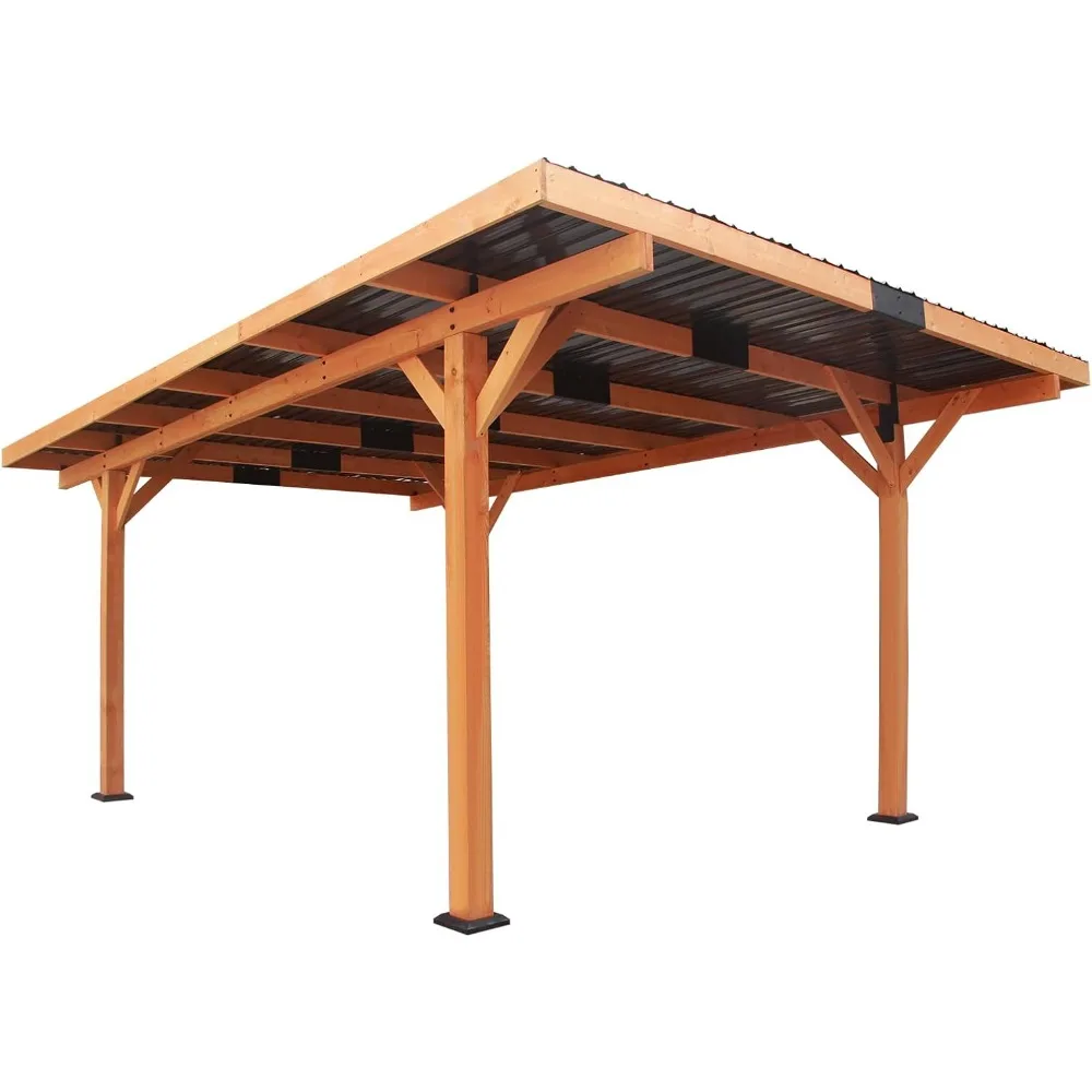 

18.3 x 12.6 x 7.8 FT Carport, Wood Outdoor Gazebo Pavilion with Hardtop Sloped Steel Roof, Heavy Duty Waterproof Car Port for Ba