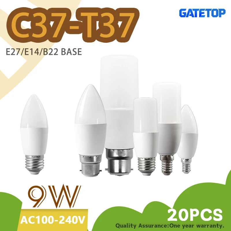 20 PCS C37 T37 LED Bulb 9W E14 E27 B22 Base 220V 110V Lampada Living Room Home Bulb Warm Cold White
