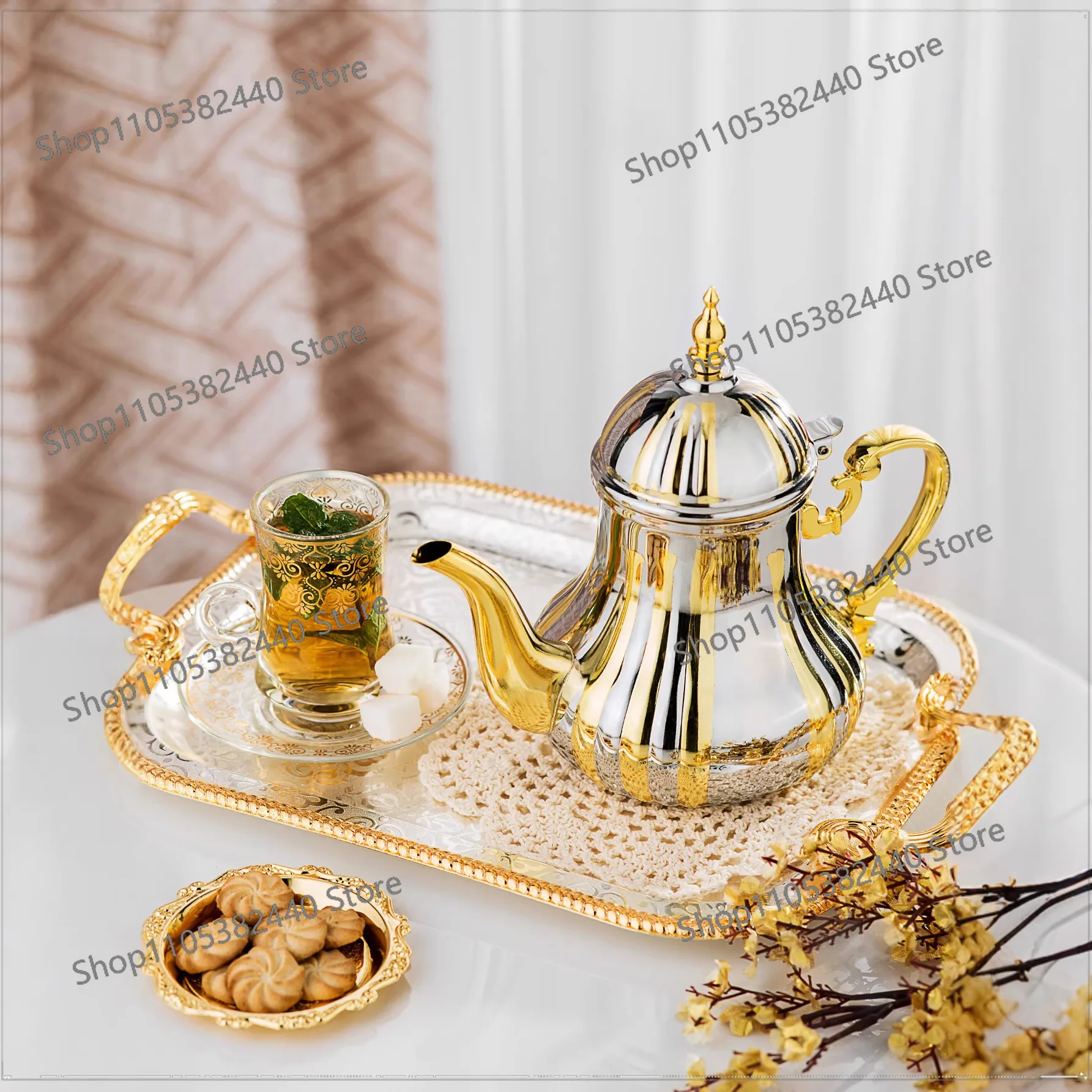 Stainless Steel Arabic Coffee Pot, Moroccan Turkish Tea Kettle, Gold Middle Eastern Decorative Teapot, Marocain Style Tea Server