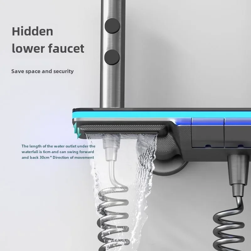 Bathroom Luxury Shower System with Lights Tempered Glass Piano Key Smart Digital Display Thermostat Mixer Shower Faucet Full Set