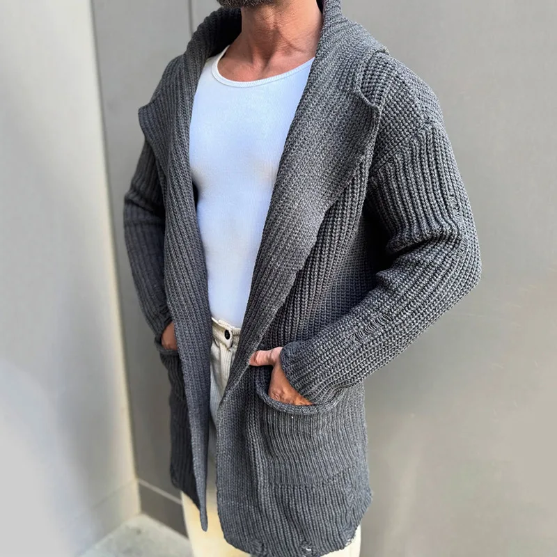 2025 Spring Trendy Mens Sweater Jacket Coat Vintage Pockets Turn-down Collar Knitting Coats Men Casual Solid Color Sweatercoats