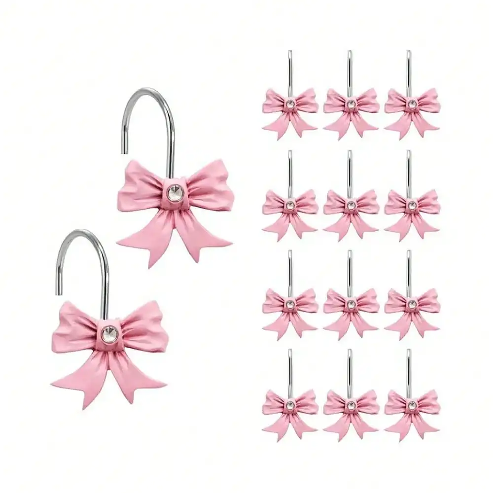 Decorative Shower Curtain Hooks Bow Tie Rust Resistant Hooks Glide Shower Ring Hangs Holder Bling for Bathroom, Pack of 12