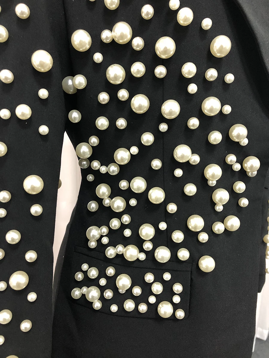 TWOTWINSTYLE Spliced Pearls Two Piece Set for Women Lapel Long Sleeve Irregular Top High Waist Mini Skirt Office Suit Female New - Image 6
