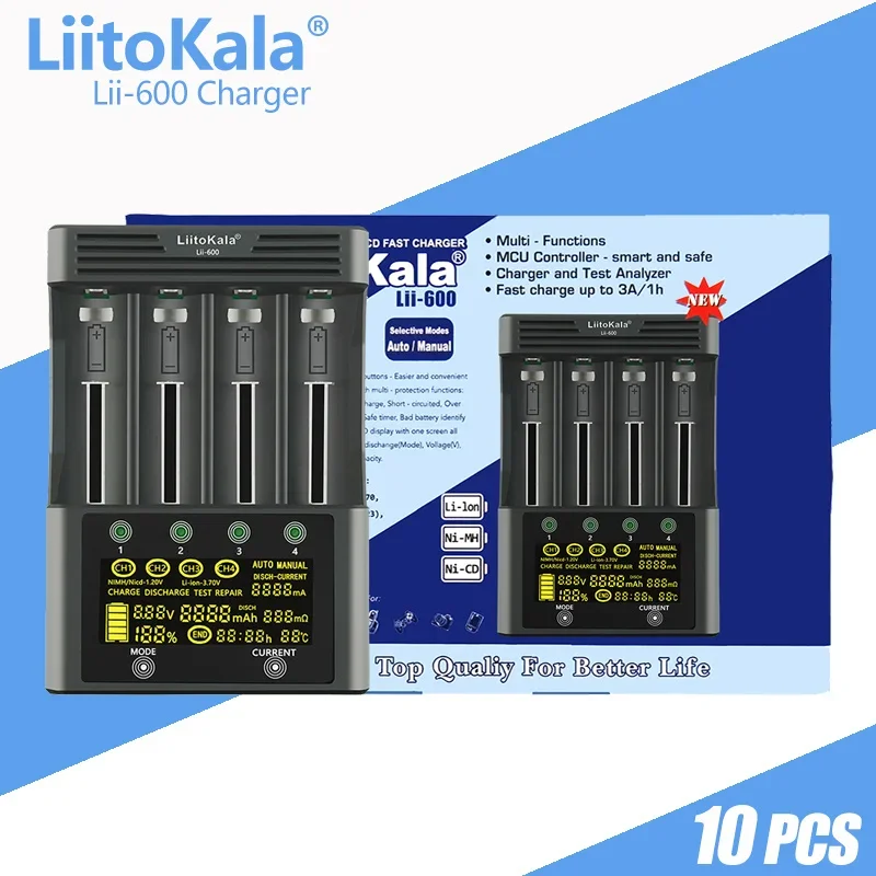 10pcs/lot LiitoKala Lii-600 LCD Display Battery Charger For 3.7V 1.2V 18650 26650 21700 26700 AA AAA Test Battery Capacity