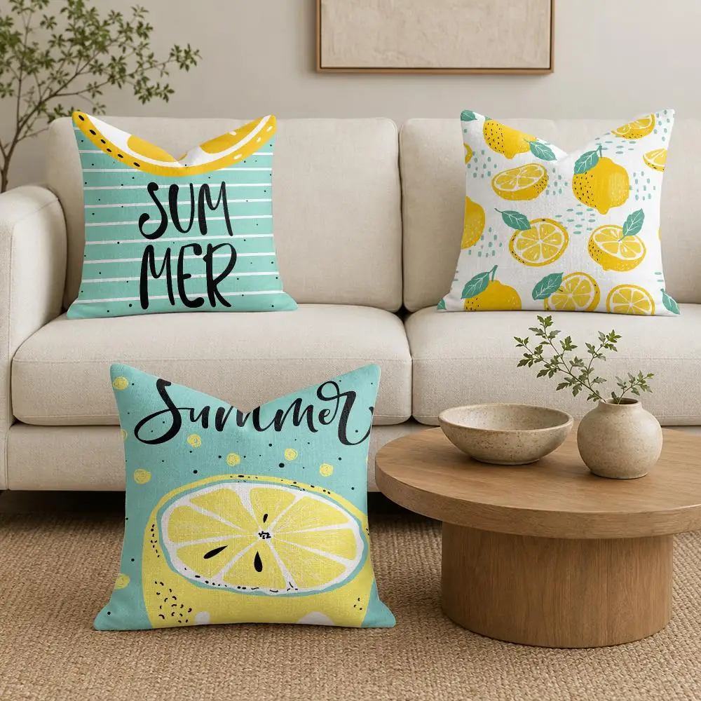 Refreshing Summer Lemon Cushion Cover Natural Linen Organic Fabric Double-Sided Printing Sofa Home Decor Gift Pillow Cover