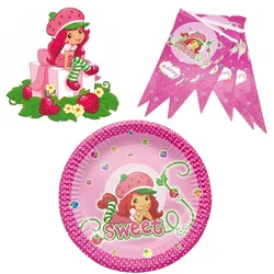 Vajilla desechable con temática de pastel corto de fresa, decoración de fiesta de cumpleaños de niña rosa, servilleta de papel, caja de palomitas de maíz