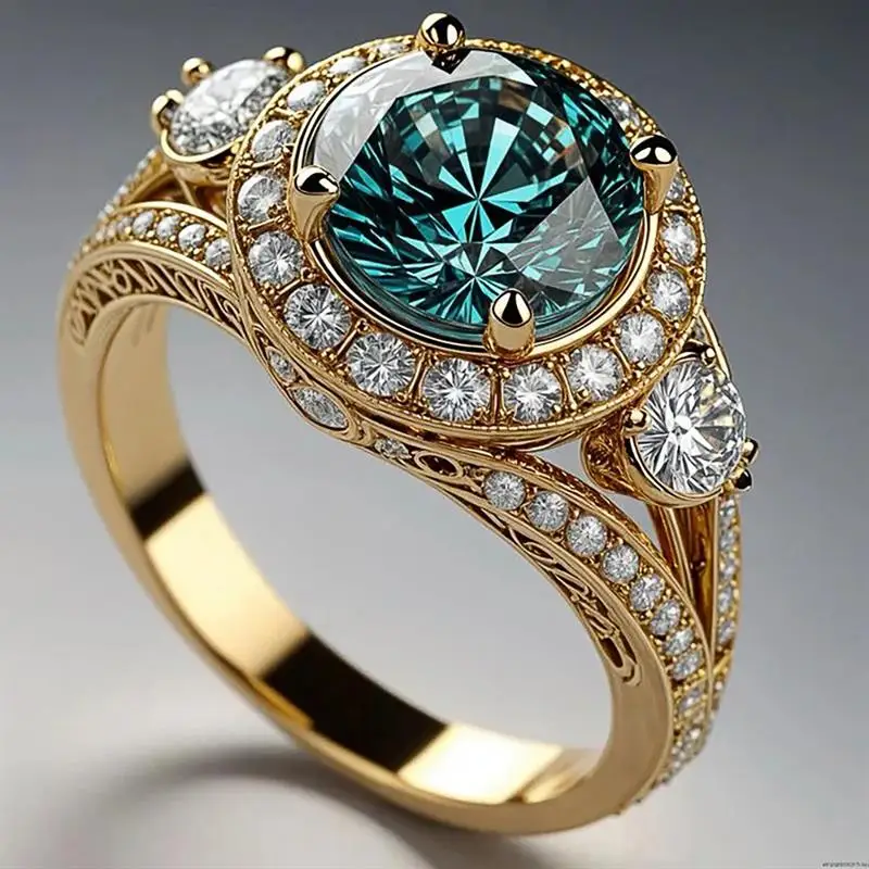 Huitan Luxus-Damenring, goldfarben, für Hochzeit, Party, eingelegt, glänzend, blau, mit Zirkonia, Modeaccessoires, trendiger Damenschmuck