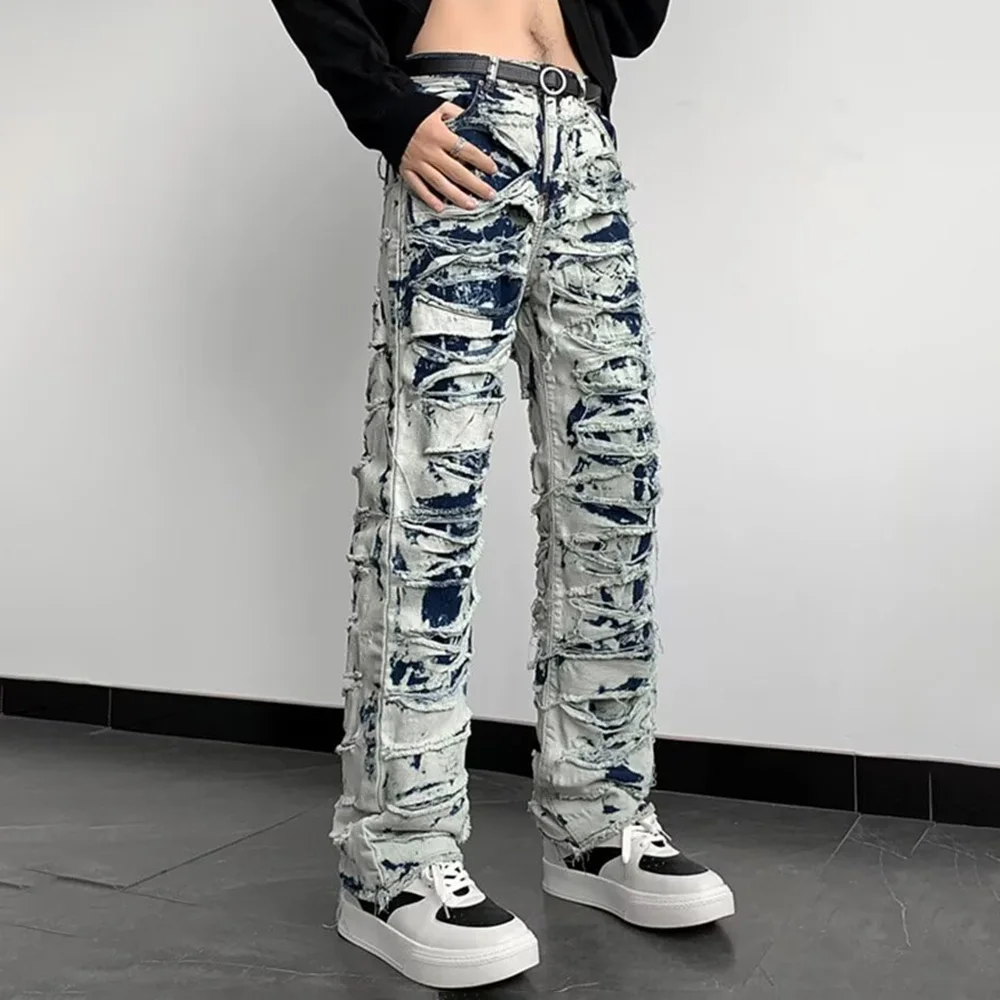 

2025 New Men's Frayed Vintage Jeans American Style Y2k Fashion Trend High Street Hip Hop Slim Party Stage Men's Bottoms Overalls