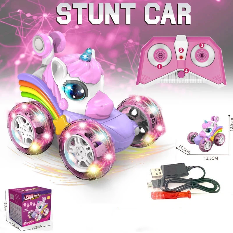 New Unicorn Remote Control Amphibious Stunt Car Spray 360 Degree Flip Upright Driving Front Wheel Flipping Toy For Kids Toddlers