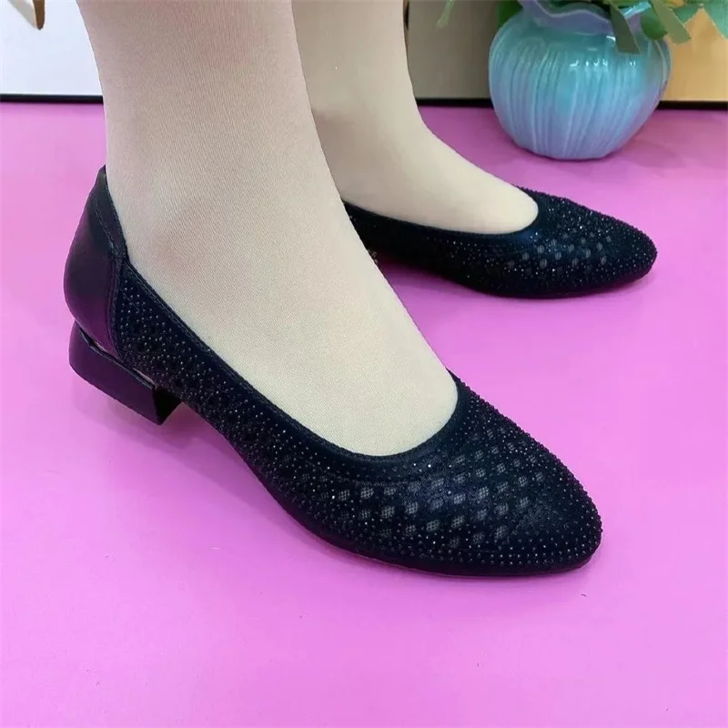 Zapatos women cute pointed toe black hollow out mesh breathable slip on square heel shoes lady casual comfort work shoes a426