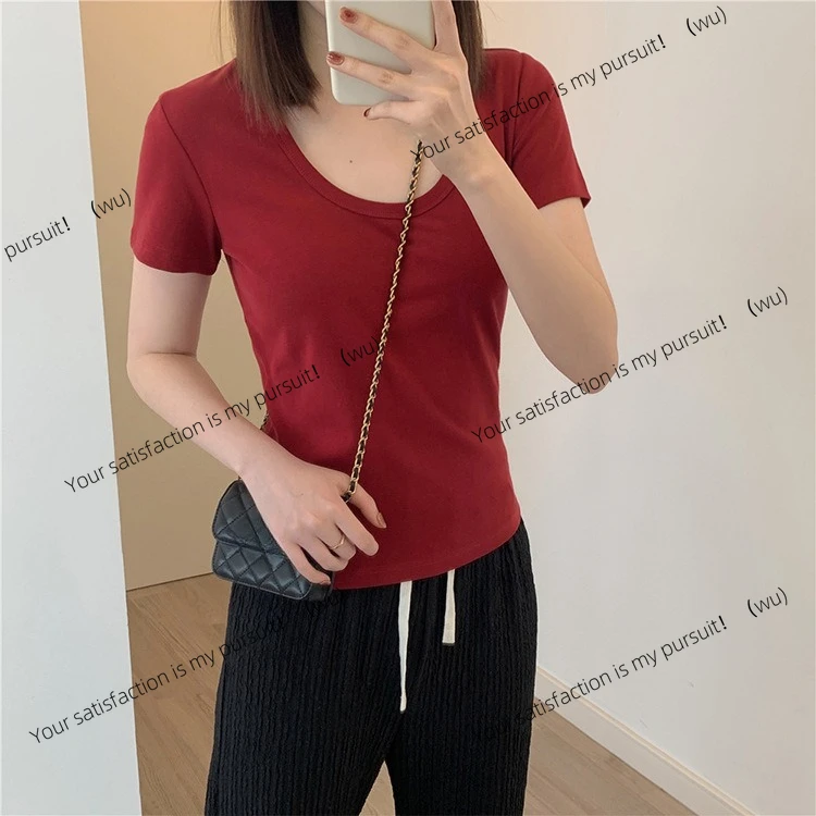 

T-shirt new design sense simple U-neck casual versatile slim cotton short sleeves