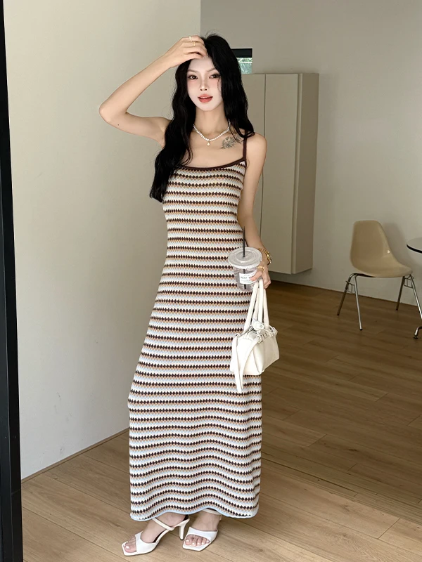 

Retro Knitted Belted Summer Slim Fit Midi Dress Women's Beach Vacation Long Skirt X-Shape Standard Edition Knitwear Dress