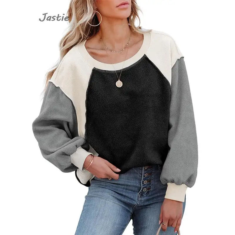 Rose Color Block Long Sleeve Pullover Fleece Sweater 2024 Fashion Women\'s Loose Round Neck Fleece Sweatshirts Top