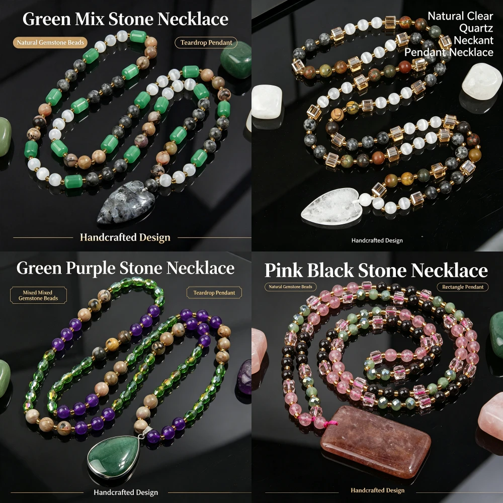 Natural Stone Beaded Necklace Teardrop Rectangle Pendant 4 Styles to Select Women Jewelry Gift