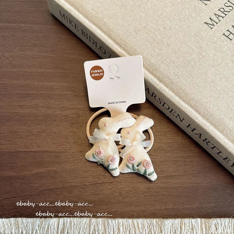 مشبك شعر للأطفال مصنوع يدويًا من القماش على شكل أرنب زهري باللون البيج للفتيات على الطراز العتيق