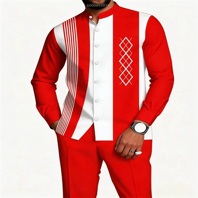 New red and white geometric pattern stand-up collar long-sleeved shirt and trousers suit for wedding parties.