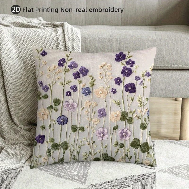 Double Sided Boho Purple Wildflower Pillow Cover Vintage  Floral Print Soft Throw Pillow Case for Home Decor