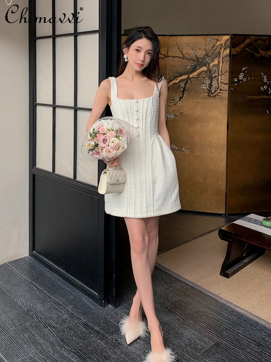 

French Slim Fit Milky White Vest Dress 2024 Summer Dresses New Fashion Texture Temperamental Ladies Bud Short Dress Women