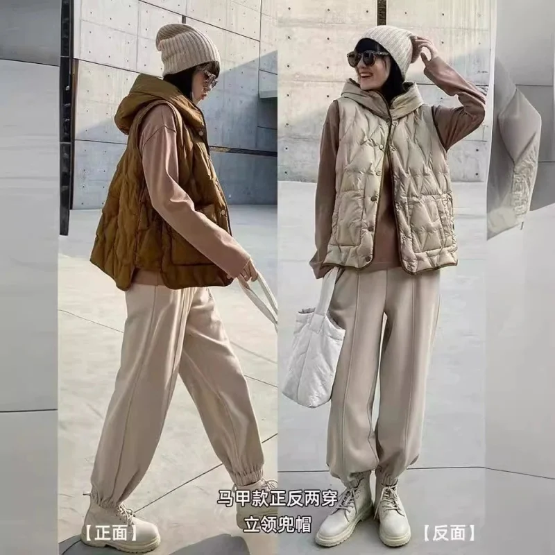 Two-Sided Winter Women Hooded Down Waistcoat Jacket Warm Light Thin White Duck Down Vest Coat Lady Short Sleeveless Tank Parkas