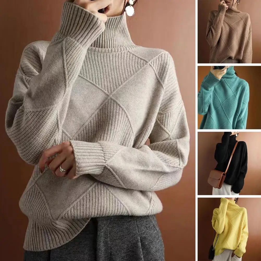 Women\'s Solid Color Loose Pullover Knitted Sweater Autumn Winter New Sweater Top Women\'s Long Sleeve High Collar Warm Sweater