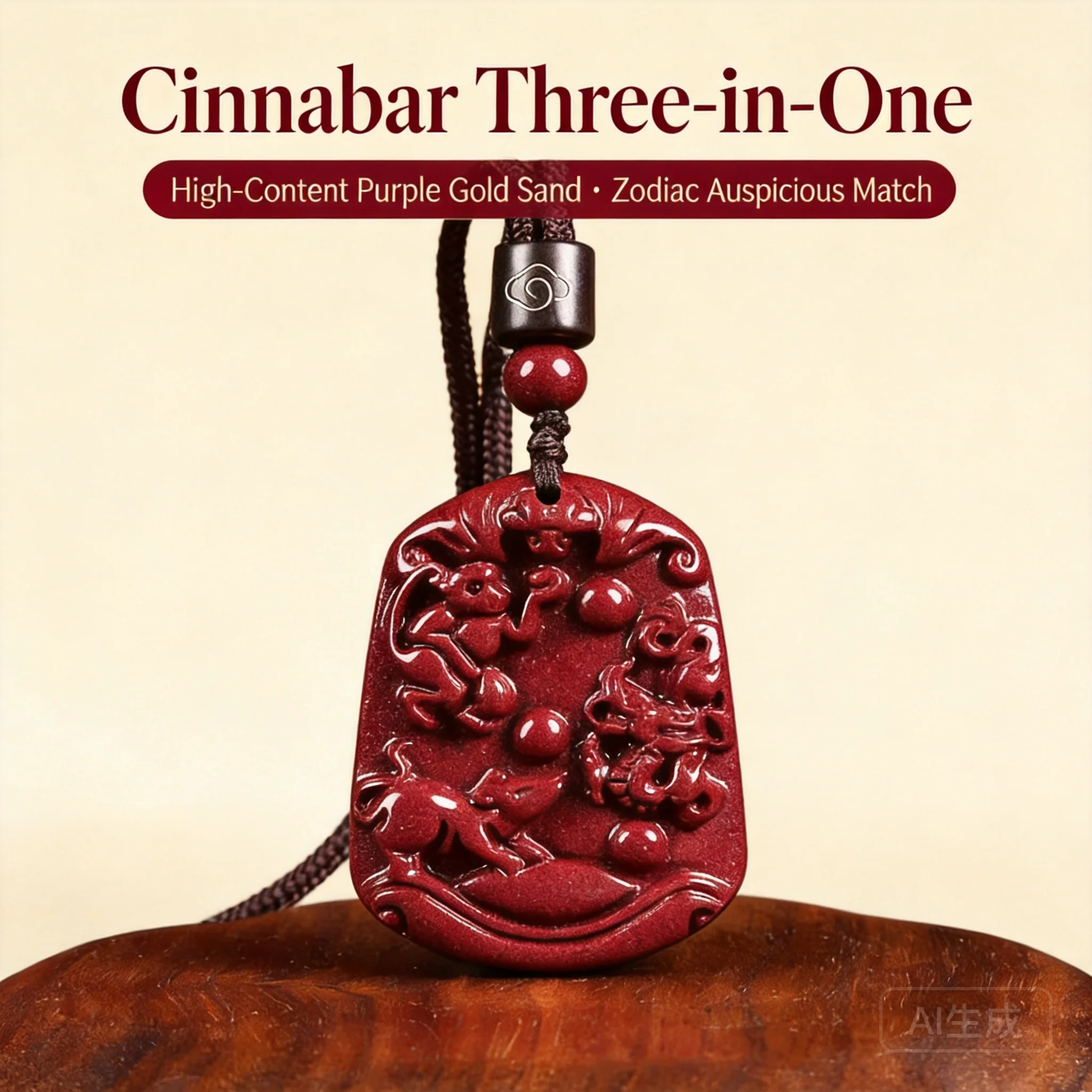 Chinese Style Natural Cinnabar Three Combination Zodiac Pendant Necklace Lucky Blessing Wealth Attracting Amulet 2026 Year Of