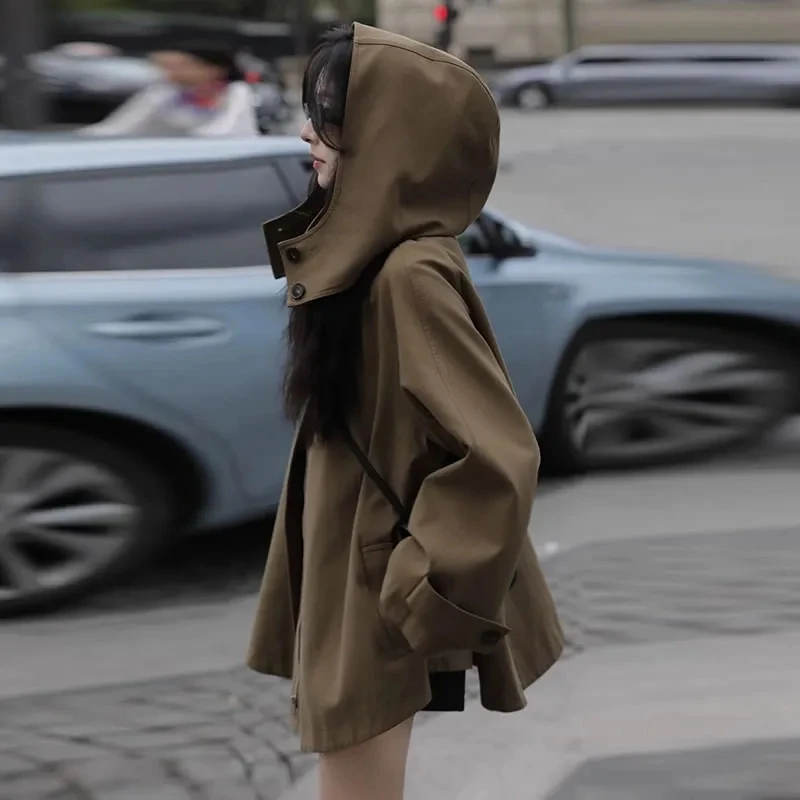 Spring Autumn Cape Trench Coat Hooded Zipper Windbreaker Loose Casual Windproof Jacket Overcoat 2025 New Female Coats Outwear