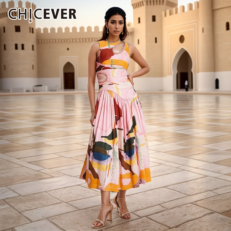 

CHICEVER Hollow Out Design Tunic Midi Dress For Women O Neck Sleeveless High Waist Spliced Folds Dresses Female Summer Clothing