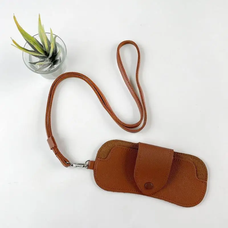 

PU Leather Glasses Case - Slim Leather Sunglasses Pouch Holder - Portable Travel Eyewear Organizer With Lanyard Eyeglasses Cover