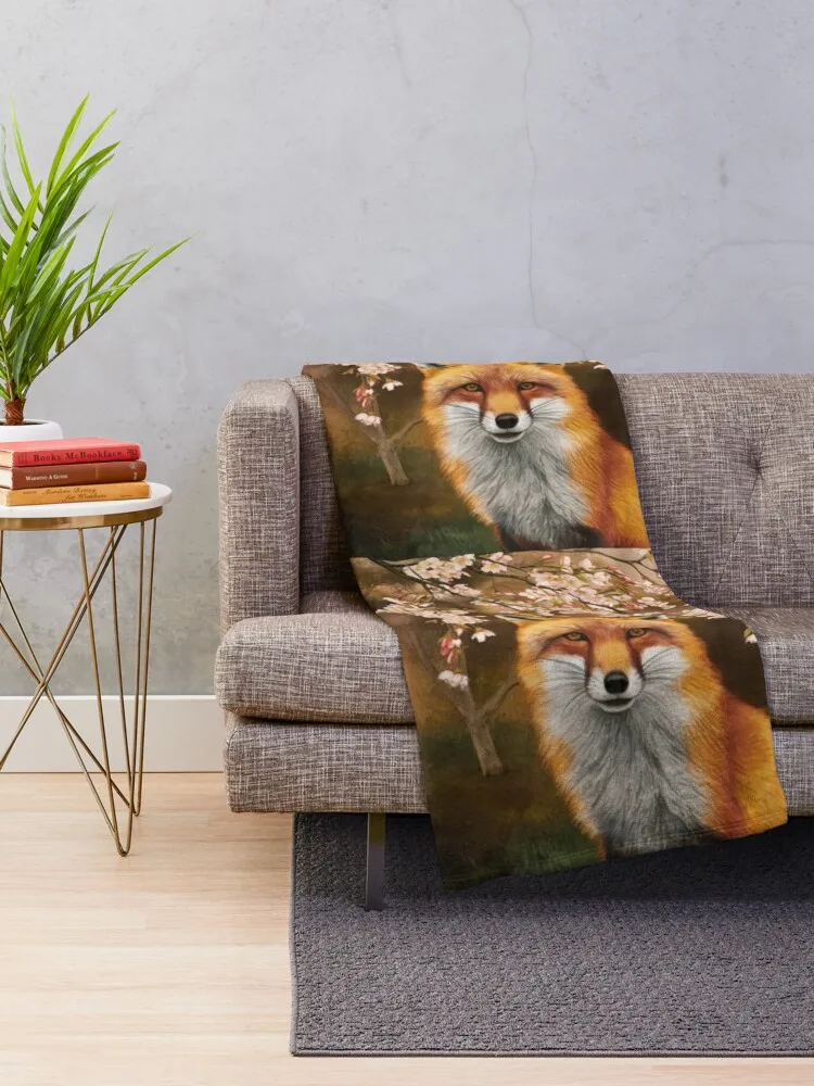 Fox Portrait. Fox with cherry blossom, fox painting, Leonardo da Vinci style Throw Blanket warm for winter Soft Beds Blankets