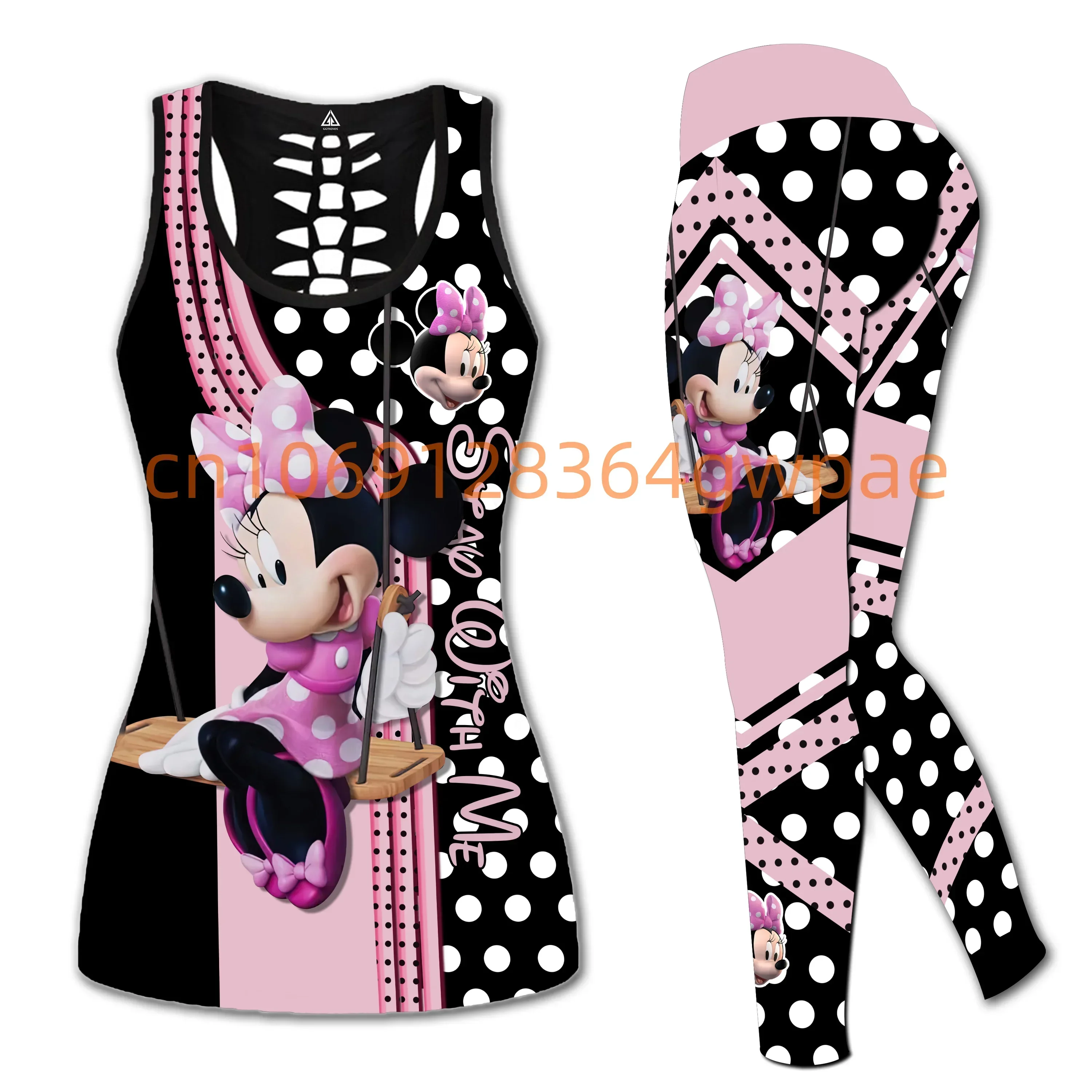 

New Disney Minnie Cutout Tank Top Leggings Yoga Set Summer Fitness Leggings Tracksuit Disney Hollow Tank Top Leggings Set