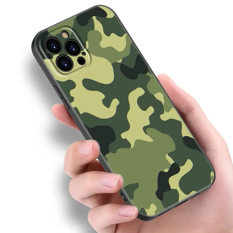 Funda de teléfono de silicona negra militar de camuflaje para Apple iPhone 12 13 Mini 11 14 15 16 Pro Max 7 8 Plus