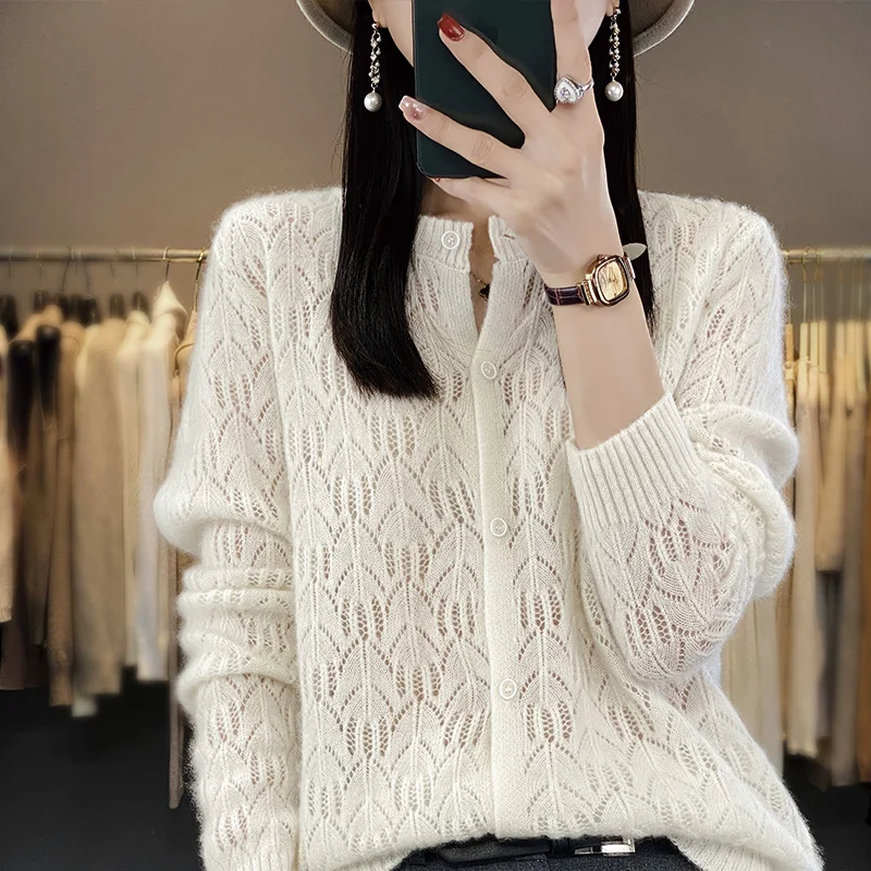 Autumn/ Winter New Cashmere Sweater Women's Knitted O-Neck Cardigan Casual Loose Mesh Clothing Top Fashion Korean Version Jacket