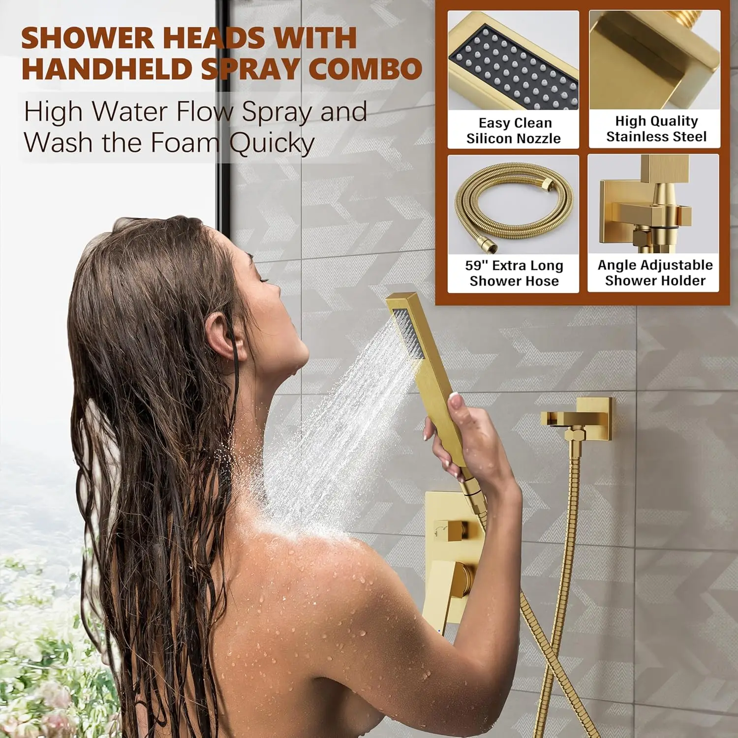 10'' Square Rainfall Shower Head with Handheld Combo, Brushed Gold Faucet Set, Wall Mounted