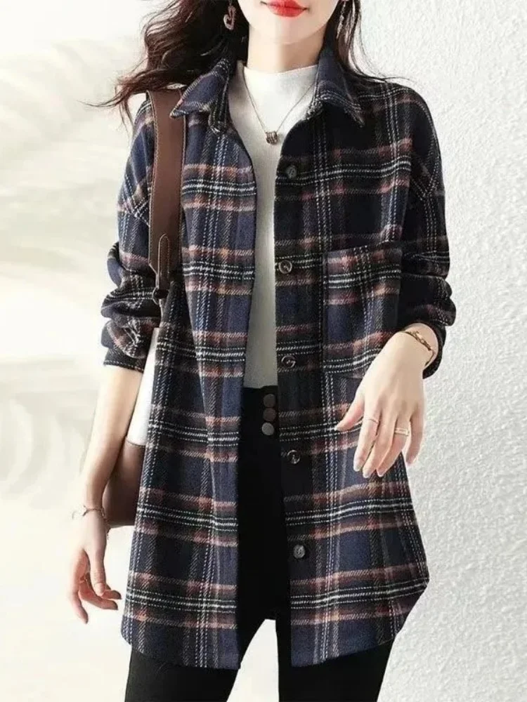 Plus size feminino puro algodão xadrez irt midi solto emagrecimento topo na moda commute coreano sle longo gola sve