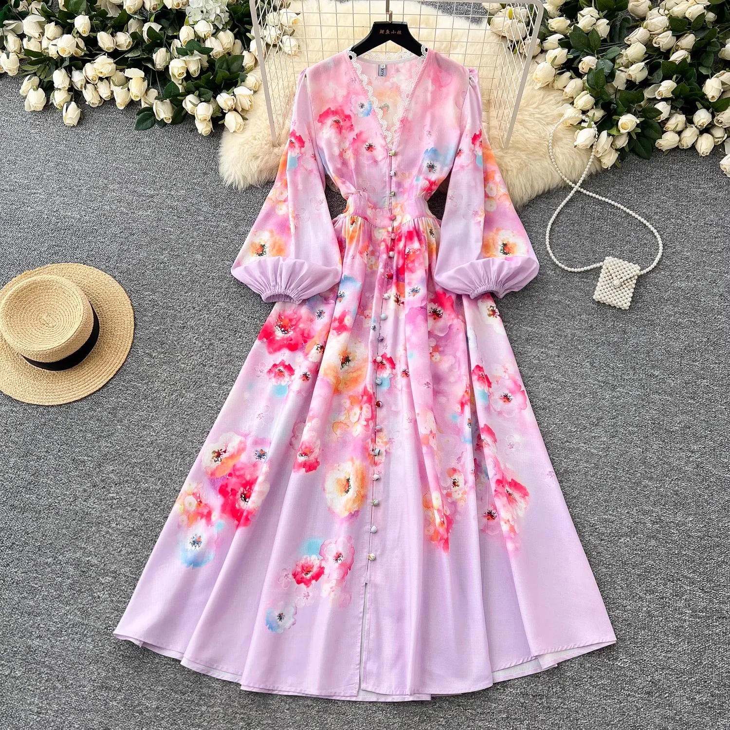 Nova primavera verão floral férias maxi vestido feminino sexy decote em v manga longa puff rendas guarnições bordado robe vestidos