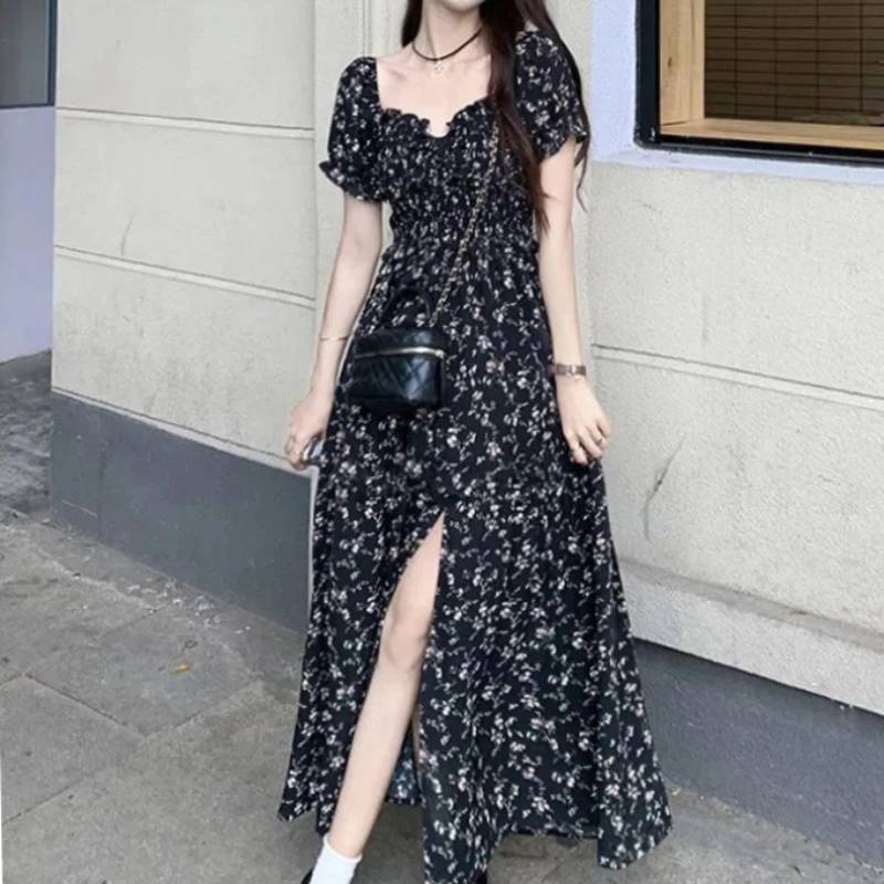 2024 Black Floral Dress Women'scloting Summer New Gentle Long Dresses Fashionable Retro Side Split Minimali Long Baggy Dresses