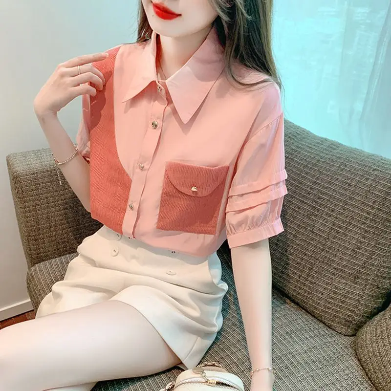 2024 New Summer Young Style Chiffon Short Sleeved Blouses Loose Patchwork Polo Collar Folds Pocket Beading Women\'s Shirt Top