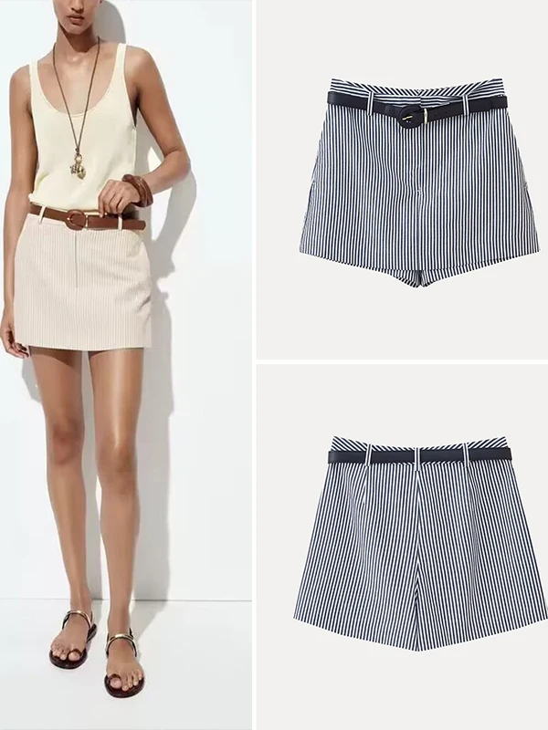 Bequeme Damen-Rockhose mit Gürtel und Streifen, Maturi Sle, mittlere bis niedrige Taille, PVC-Stoff, Polyesterfaser, Sommerkollektion