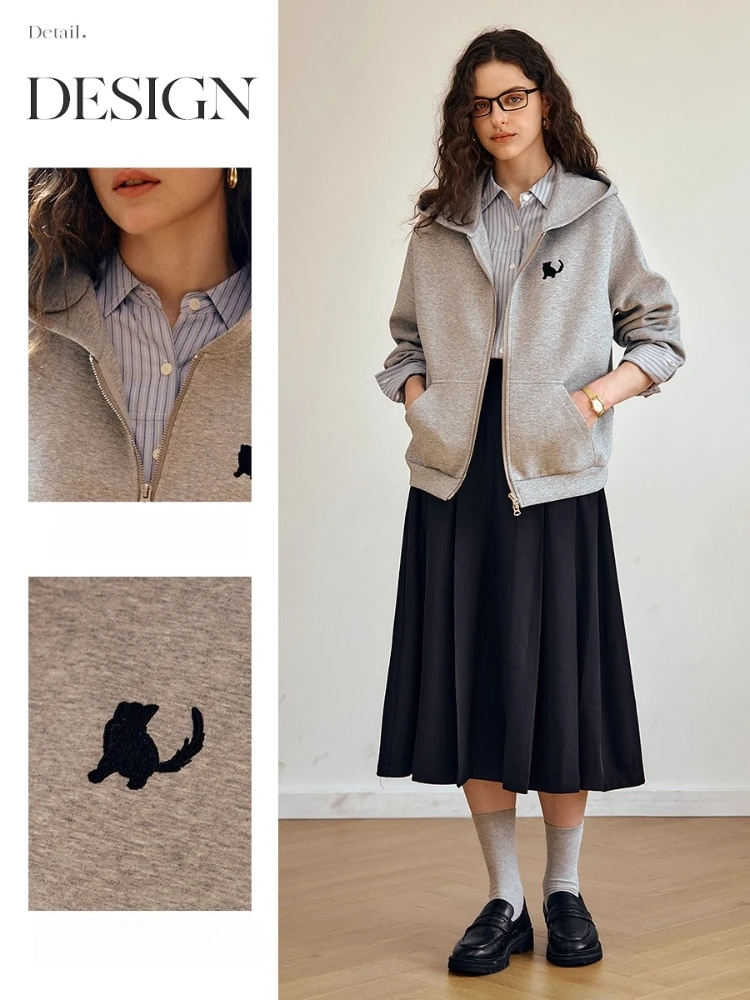 OLrain Women's Grey Casual Cat Embroidered Hoodies Autumn 2025 New Loose Soft Warm Comfortable Knitted Outerwear O57QW001216