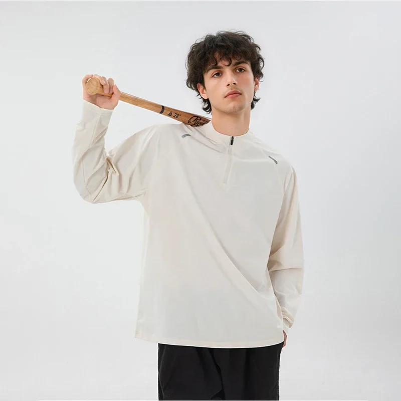 TFETTERS Sun-proof Long Sleeve Tshirt Men Stand Up Collar Half Zipper Autumn Men Sweatshirt Reflective Strip Casual Sports Tops